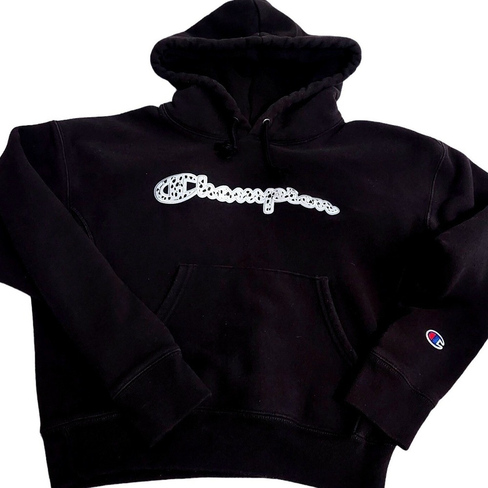 Y2K Champion Reverse Weave Hoodie Small Black Spellout Embroidered